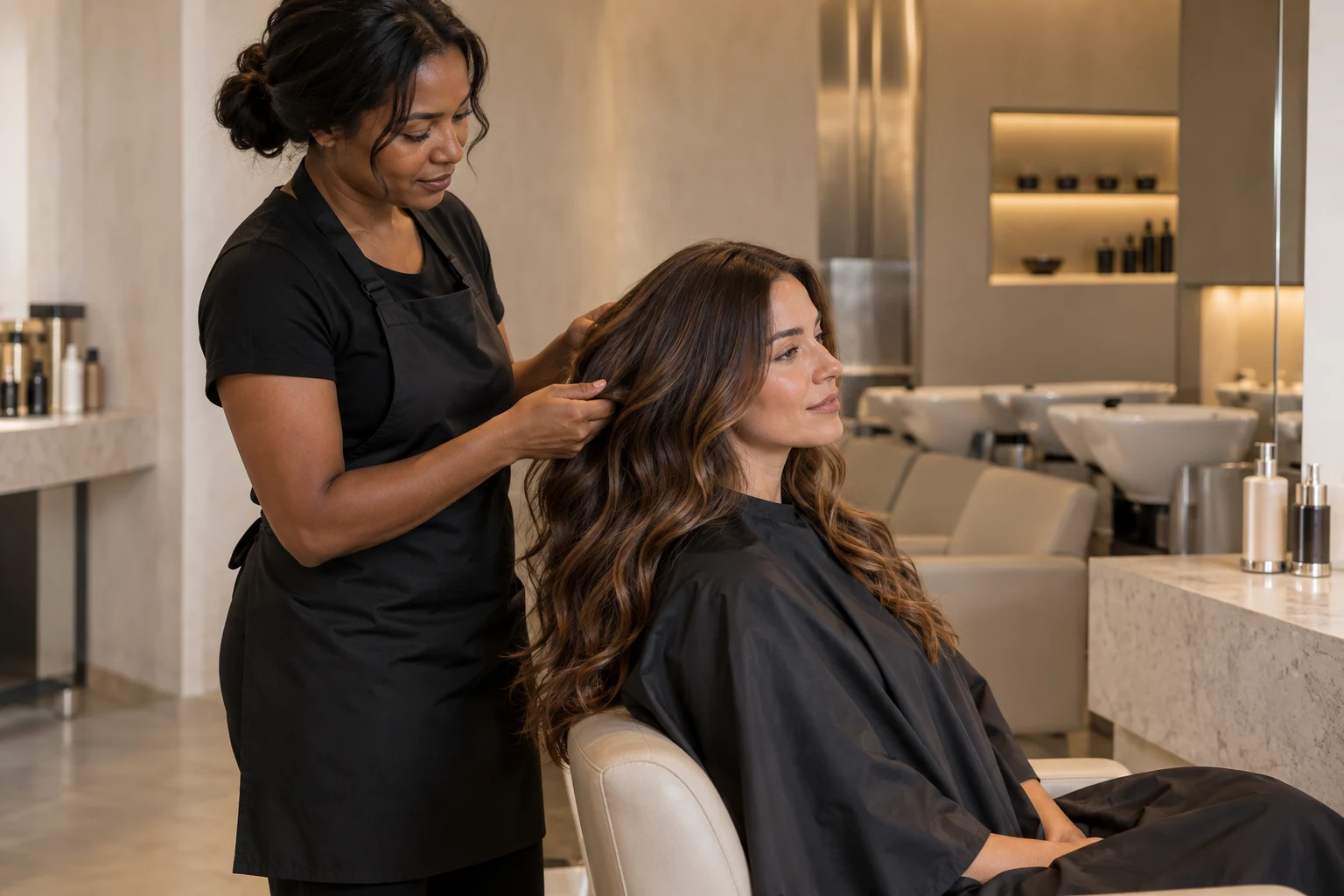 Cabeleireira finalizando o cabelo de uma cliente em seu salão.